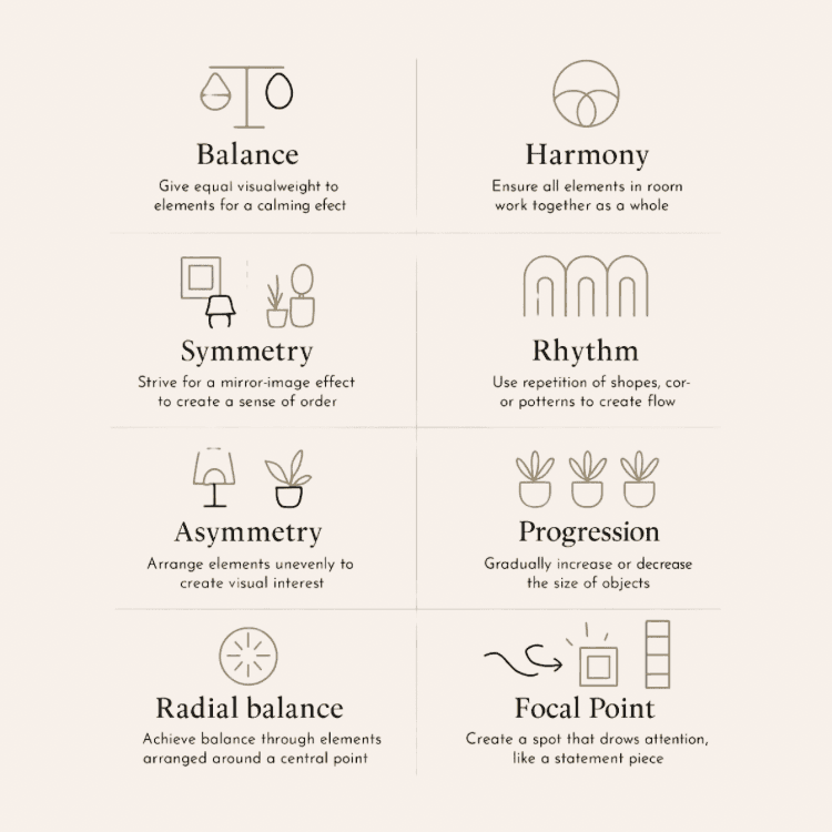 Interior design fundamentals including balance, harmony, and symmetry